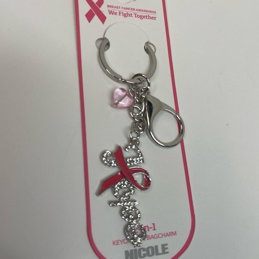 Breast Cancer Ribbon Key & Bag Charm with Pink Heart HOPE